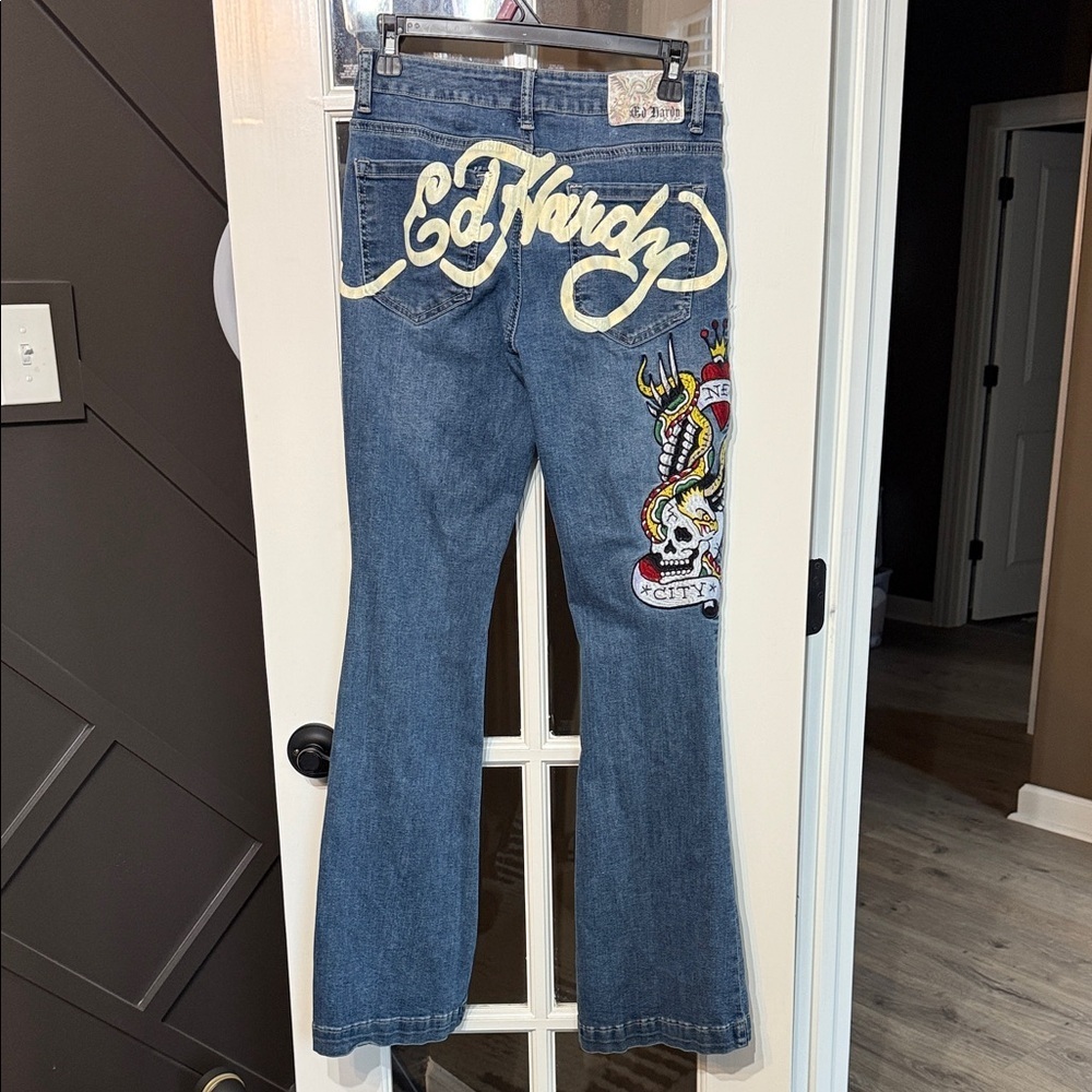 ED HARDY Vintage Y2K Flare Jeans  Embroidery Size 28 - Picture 14 of 14